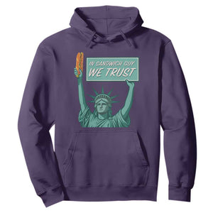 In Sandwich Guy We Trust Hoodie Funny Liberty with Baguette Parody Graphic Political Satire TS02 Purple Print Your Wear