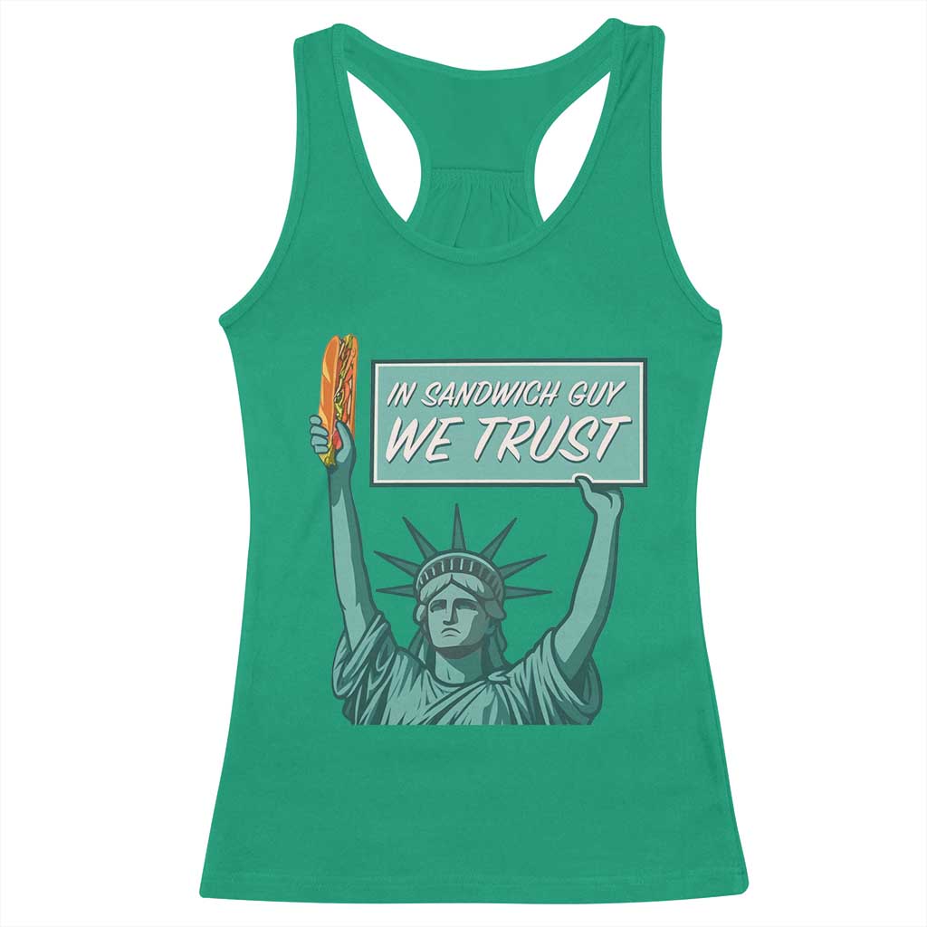 In Sandwich Guy We Trust Racerback Tank Top Funny Liberty with Baguette Parody Graphic Political Satire TS02 Irish Green Print Your Wear