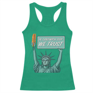 In Sandwich Guy We Trust Racerback Tank Top Funny Liberty with Baguette Parody Graphic Political Satire TS02 Irish Green Print Your Wear