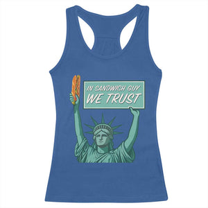 In Sandwich Guy We Trust Racerback Tank Top Funny Liberty with Baguette Parody Graphic Political Satire TS02 Royal Blue Print Your Wear