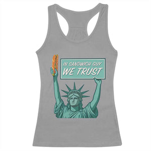 In Sandwich Guy We Trust Racerback Tank Top Funny Liberty with Baguette Parody Graphic Political Satire TS02 Sport Gray Print Your Wear