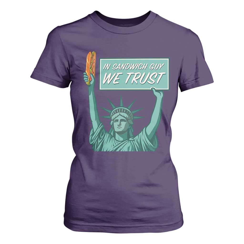In Sandwich Guy We Trust T Shirt For Women Funny Liberty with Baguette Parody Graphic Political Satire TS02 Purple Print Your Wear