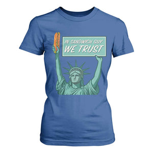 In Sandwich Guy We Trust T Shirt For Women Funny Liberty with Baguette Parody Graphic Political Satire TS02 Royal Blue Print Your Wear