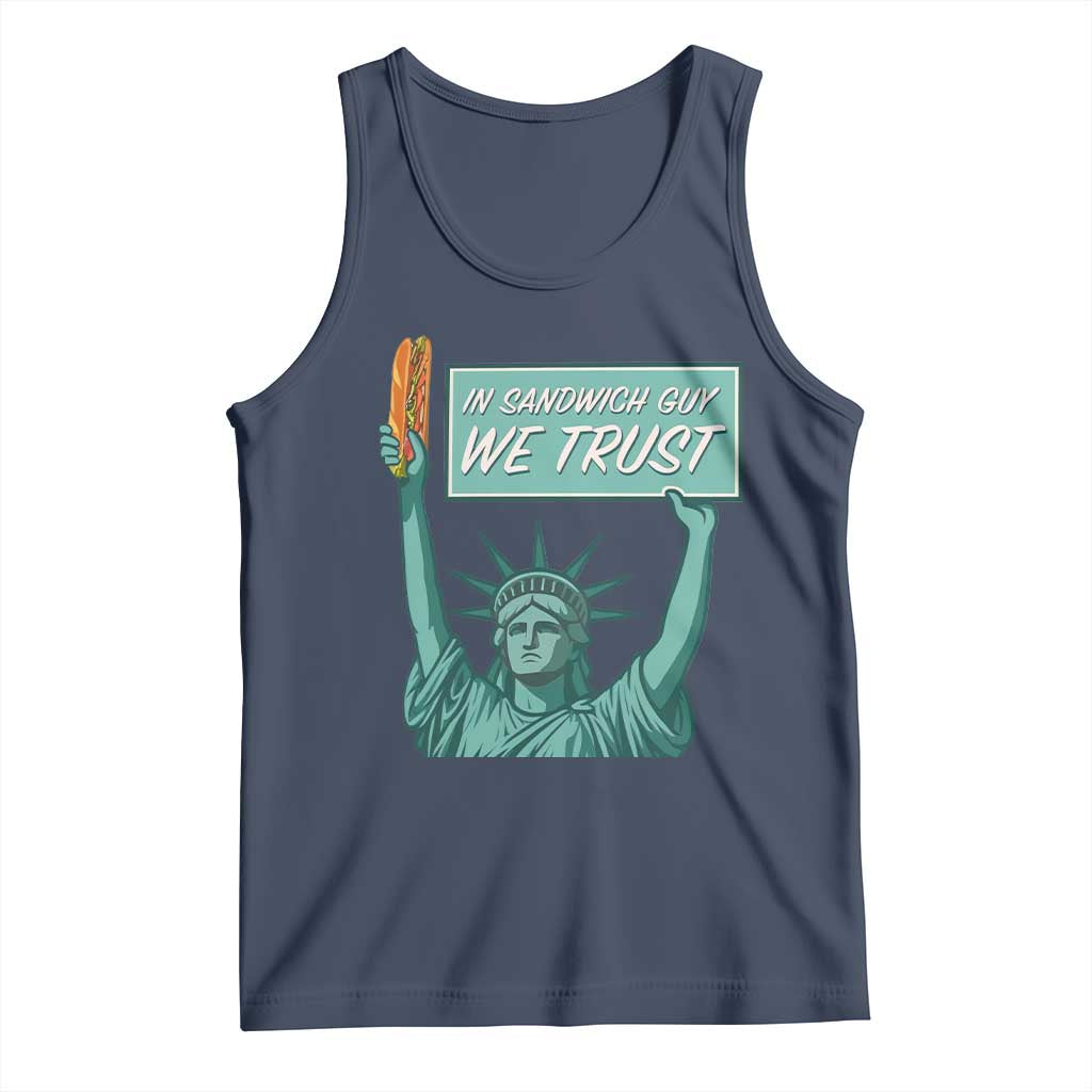 In Sandwich Guy We Trust Tank Top Funny Liberty with Baguette Parody Graphic Political Satire TS02 Navy Print Your Wear