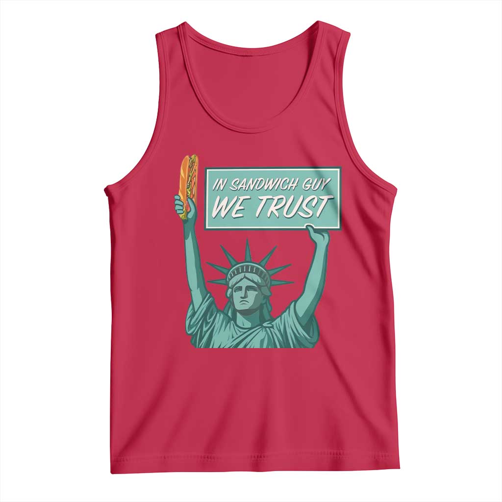 In Sandwich Guy We Trust Tank Top Funny Liberty with Baguette Parody Graphic Political Satire TS02 Red Print Your Wear