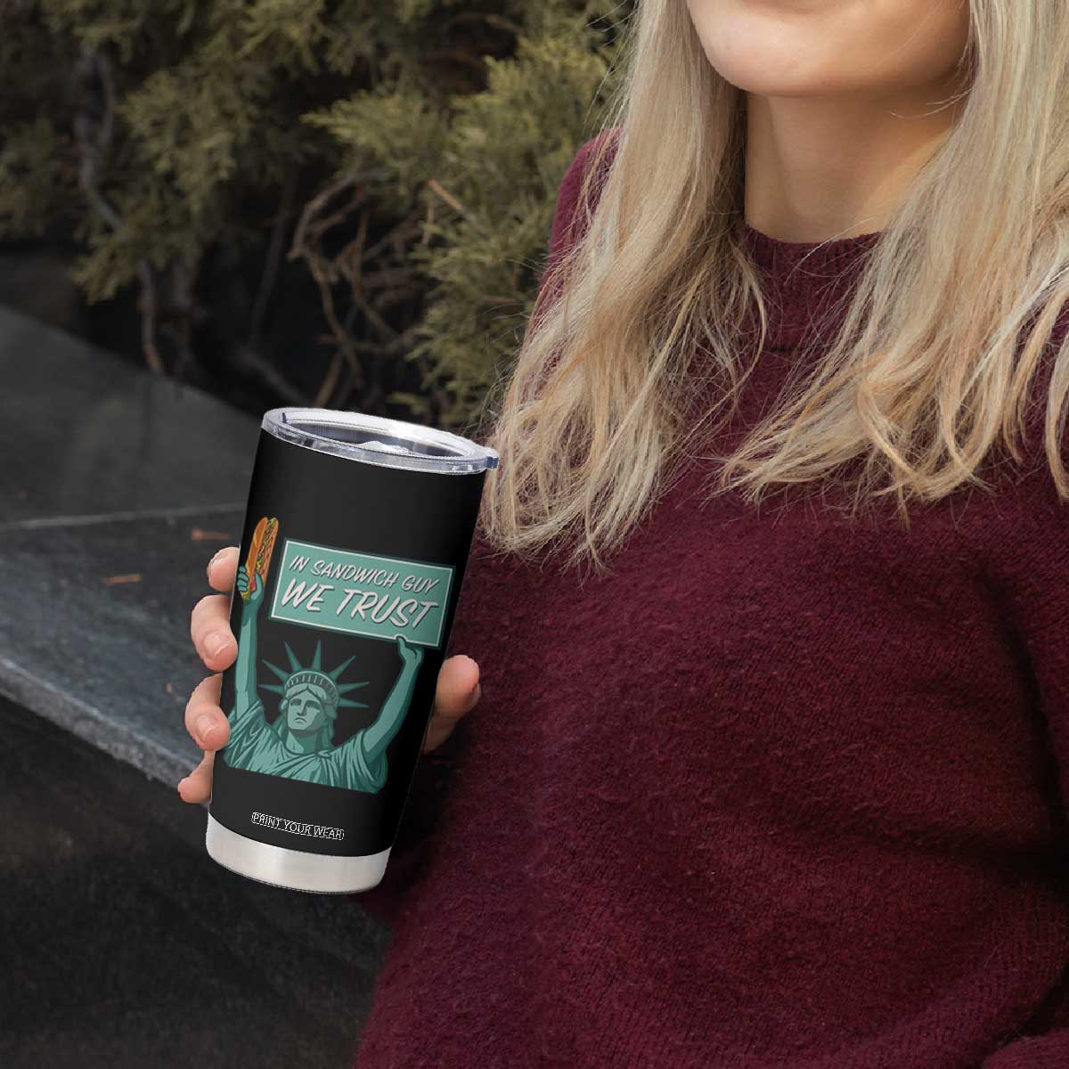 In Sandwich Guy We Trust Tumbler Cup Funny Liberty with Baguette Parody Graphic Political Satire TS02 Print Your Wear