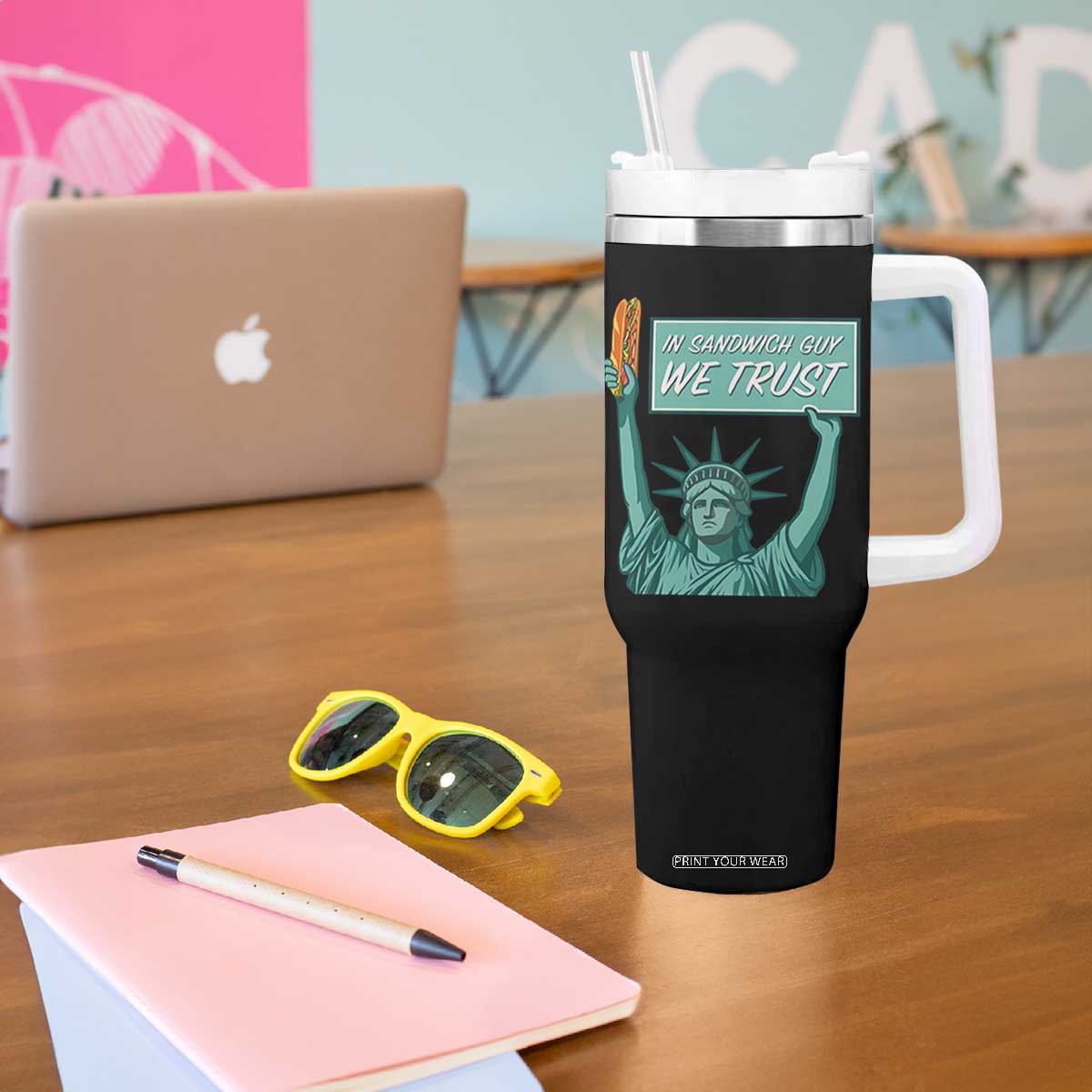 In Sandwich Guy We Trust Tumbler With Handle Funny Liberty with Baguette Parody Graphic Political Satire TS02 Print Your Wear
