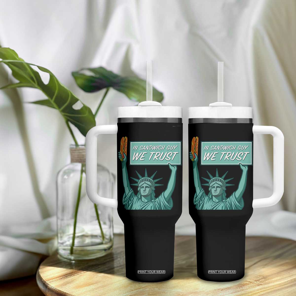 In Sandwich Guy We Trust Tumbler With Handle Funny Liberty with Baguette Parody Graphic Political Satire TS02 Print Your Wear