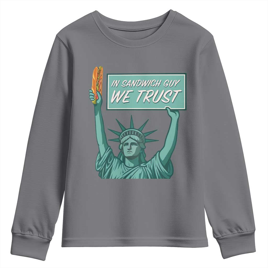 In Sandwich Guy We Trust Youth Sweatshirt Funny Liberty with Baguette Parody Graphic Political Satire TS02 Charcoal Print Your Wear