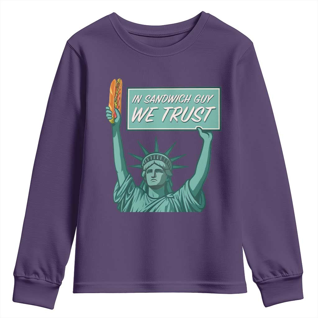 In Sandwich Guy We Trust Youth Sweatshirt Funny Liberty with Baguette Parody Graphic Political Satire TS02 Purple Print Your Wear