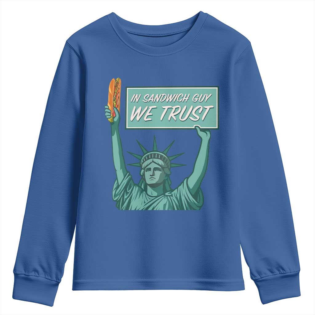 In Sandwich Guy We Trust Youth Sweatshirt Funny Liberty with Baguette Parody Graphic Political Satire TS02 Royal Blue Print Your Wear