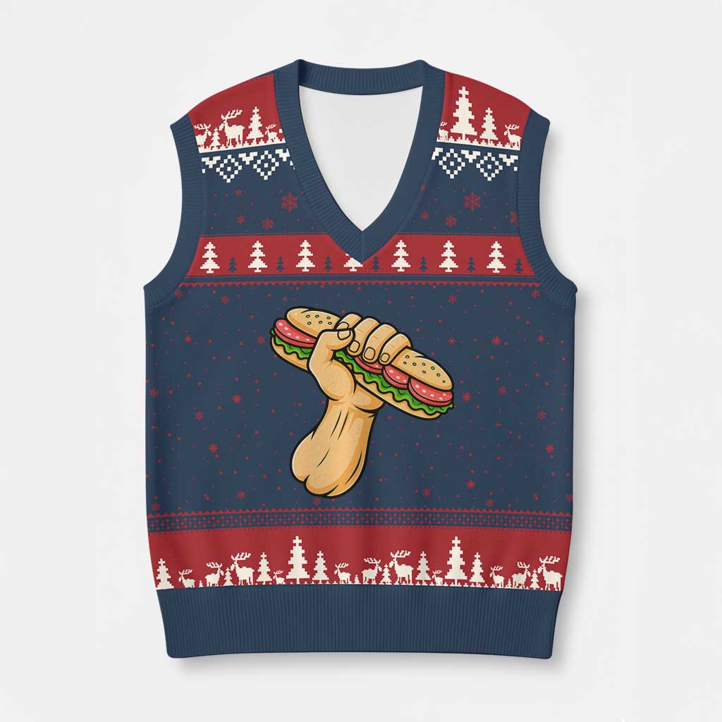 Sandwich Power Fist V-Neck Knit Sweater Vest Sarcastic Food Revolution Political Satire TS02 Navy Red Print Your Wear