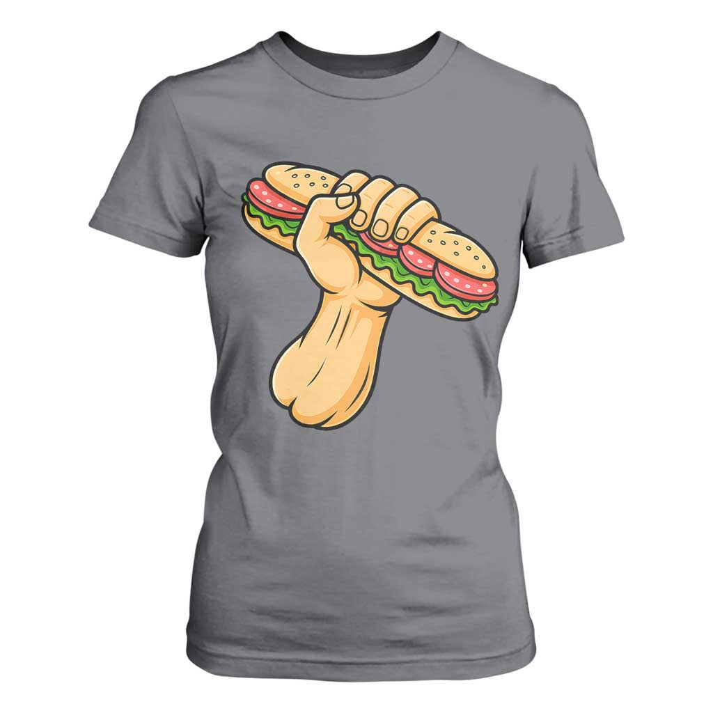 Sandwich Power Fist T Shirt For Women Sarcastic Food Revolution Political Satire TS02 Charcoal Print Your Wear