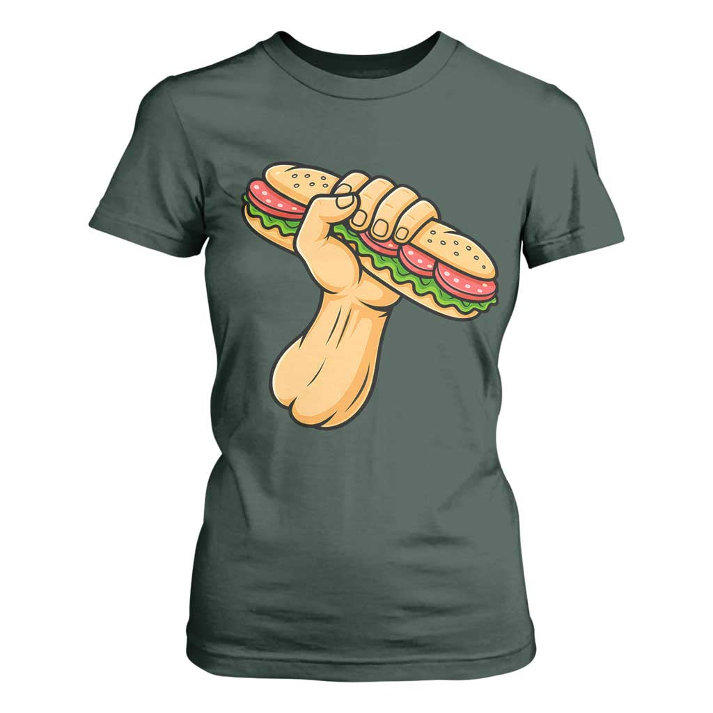 Sandwich Power Fist T Shirt For Women Sarcastic Food Revolution Political Satire TS02 Dark Forest Green Print Your Wear