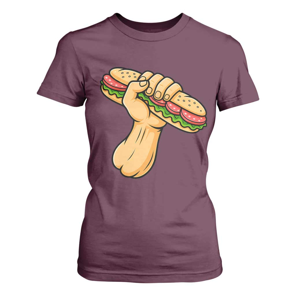 Sandwich Power Fist T Shirt For Women Sarcastic Food Revolution Political Satire TS02 Maroon Print Your Wear