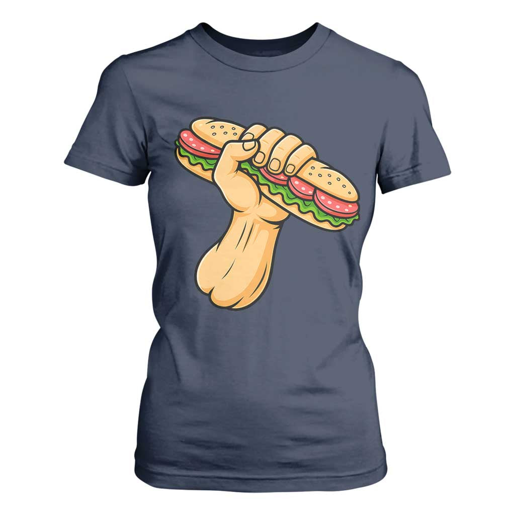 Sandwich Power Fist T Shirt For Women Sarcastic Food Revolution Political Satire TS02 Navy Print Your Wear