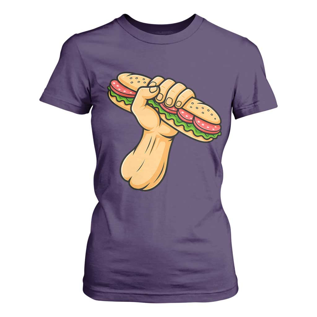 Sandwich Power Fist T Shirt For Women Sarcastic Food Revolution Political Satire TS02 Purple Print Your Wear