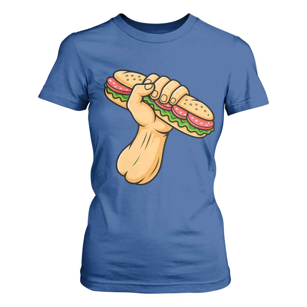 Sandwich Power Fist T Shirt For Women Sarcastic Food Revolution Political Satire TS02 Royal Blue Print Your Wear