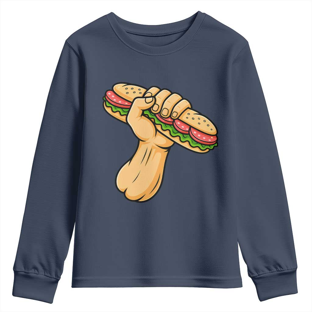 Sandwich Power Fist Youth Sweatshirt Sarcastic Food Revolution Political Satire TS02 Navy Print Your Wear