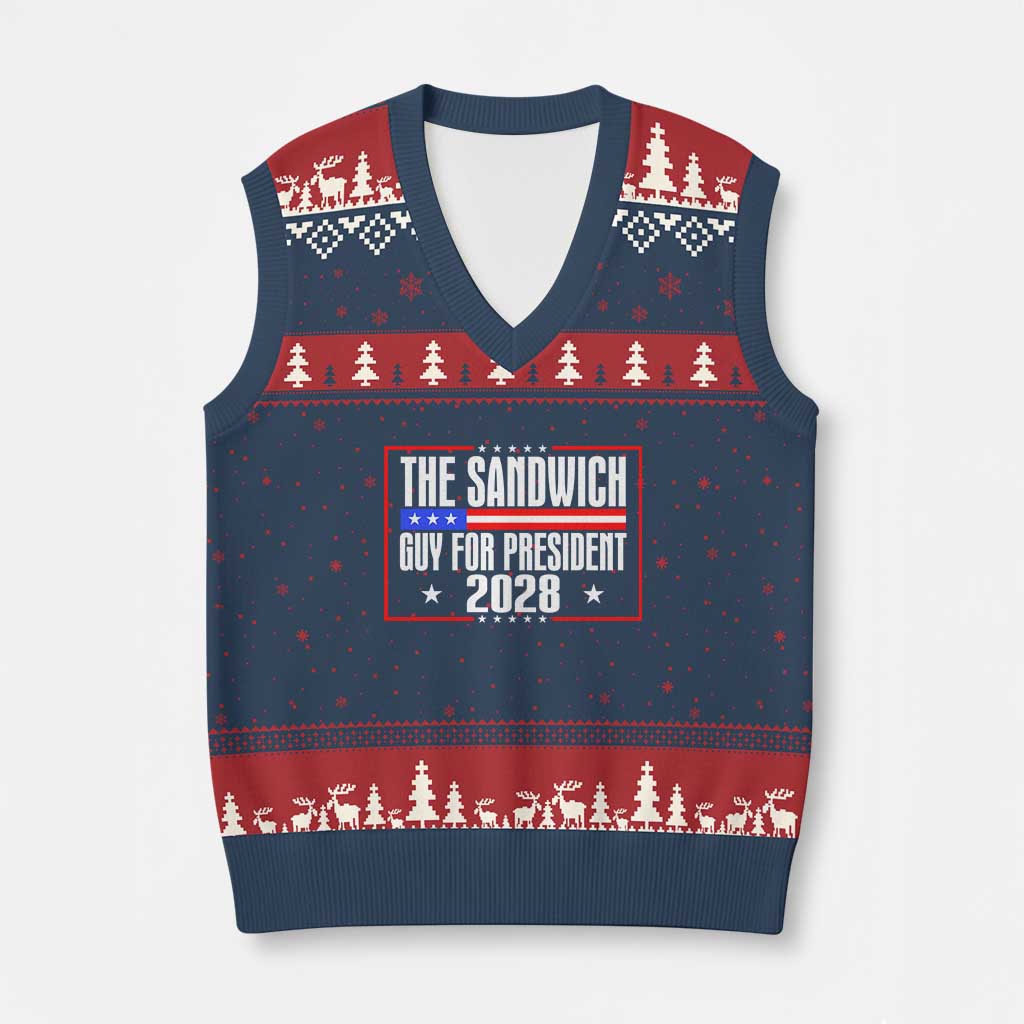 The Sandwich Guy for President 2028 V-Neck Knit Sweater Vest Funny Patriotic Campaign Parody TS02 Navy Red Print Your Wear