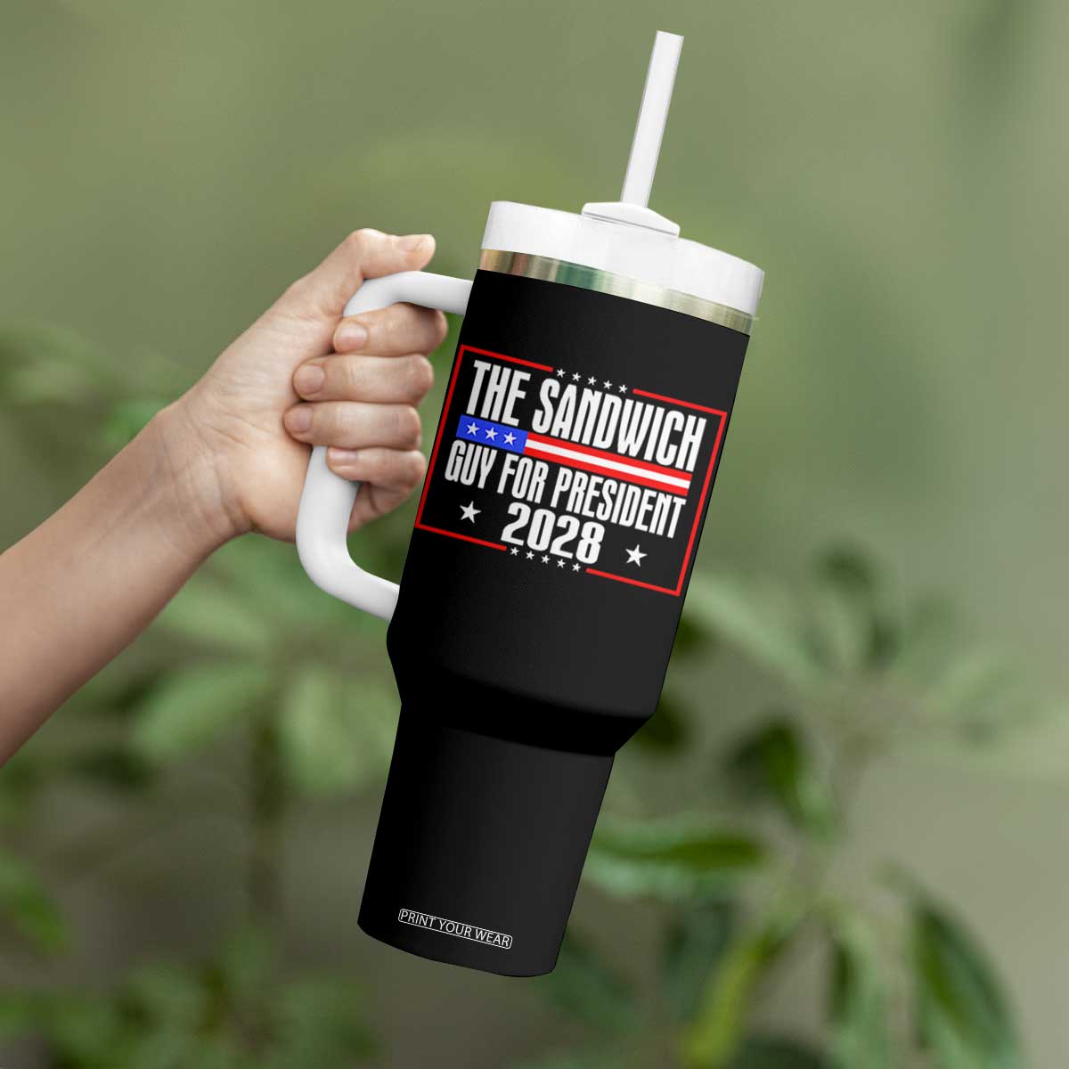 The Sandwich Guy for President 2028 Tumbler With Handle Funny Patriotic Campaign Parody TS02 Print Your Wear