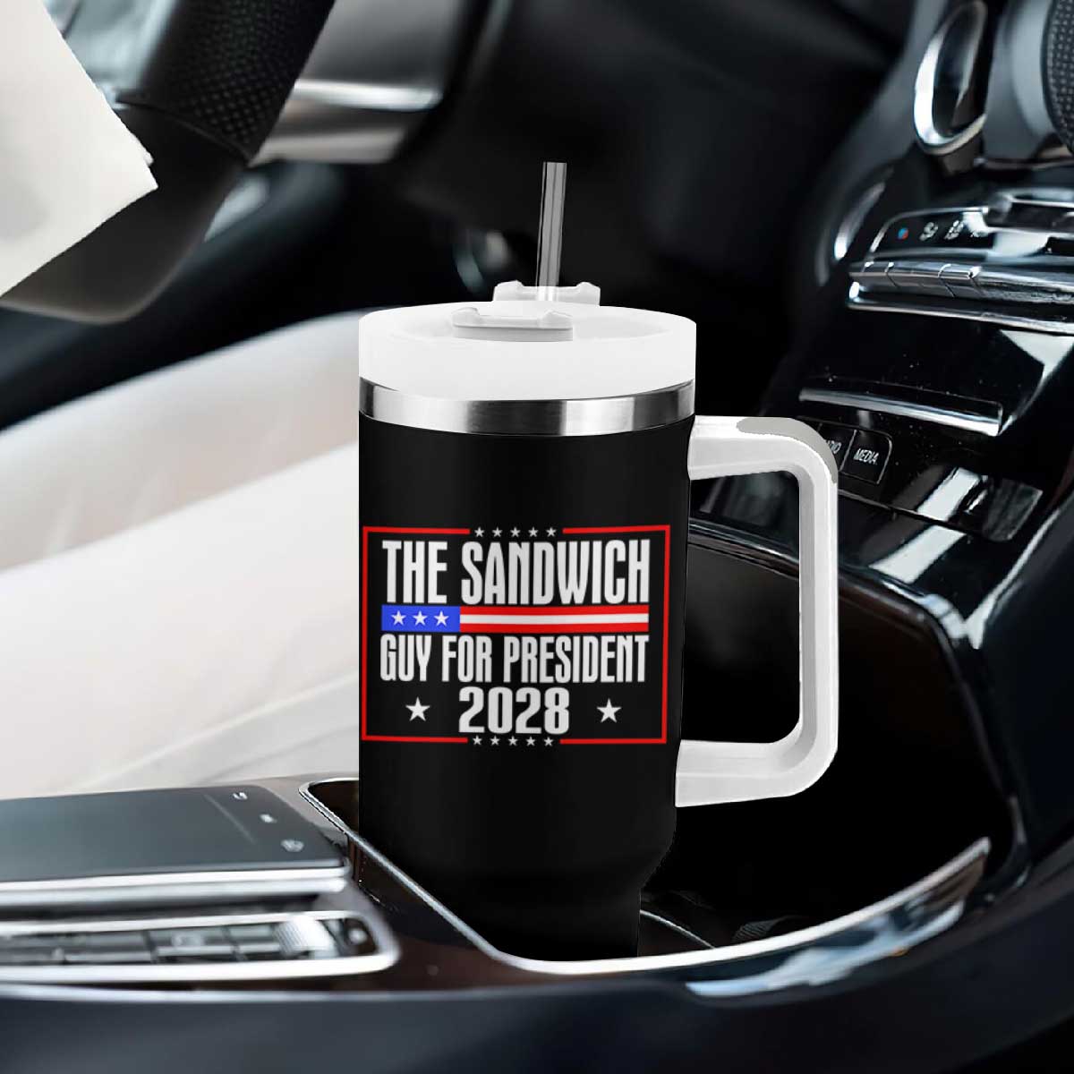The Sandwich Guy for President 2028 Tumbler With Handle Funny Patriotic Campaign Parody TS02 Print Your Wear