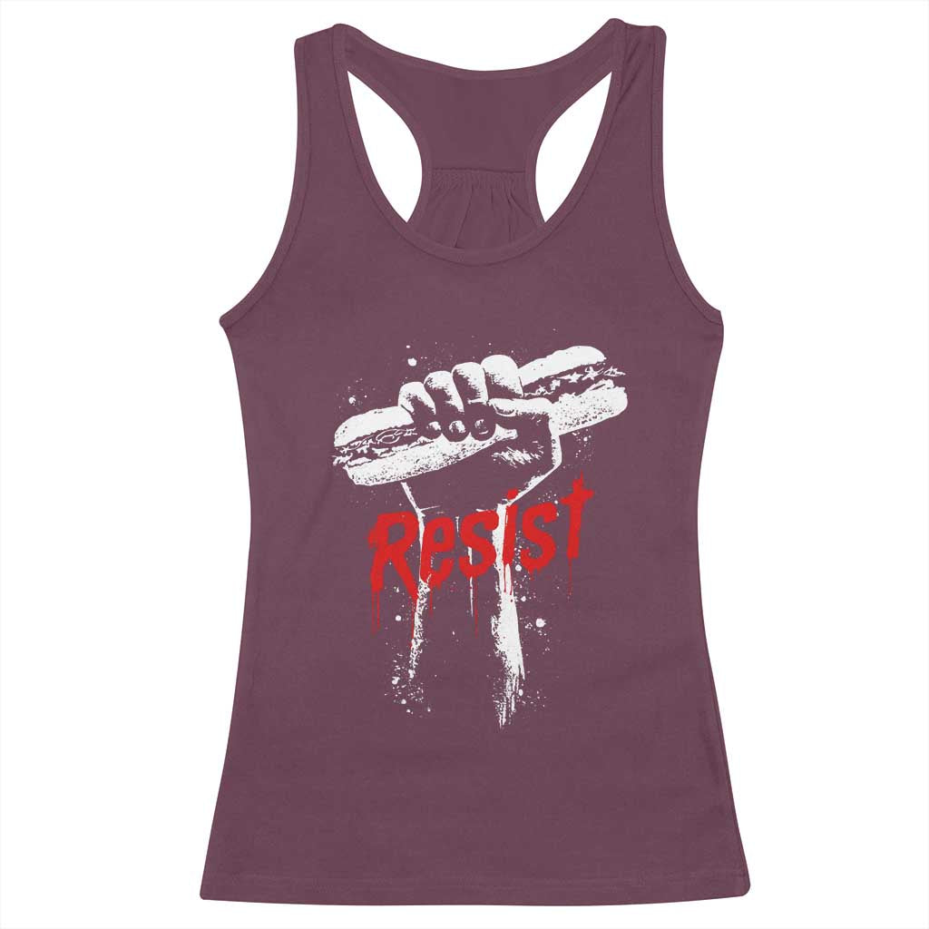 Resist with Sandwich Power Racerback Tank Top Funny Food Rebellion Political Satire TS02 Maroon Print Your Wear