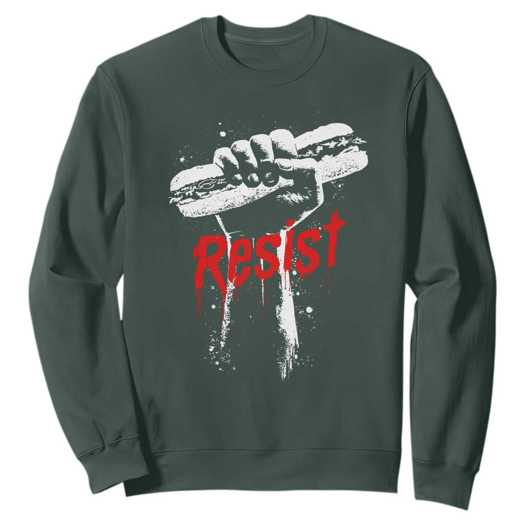 Resist with Sandwich Power Sweatshirt Funny Food Rebellion Political Satire TS02 Dark Forest Green Print Your Wear