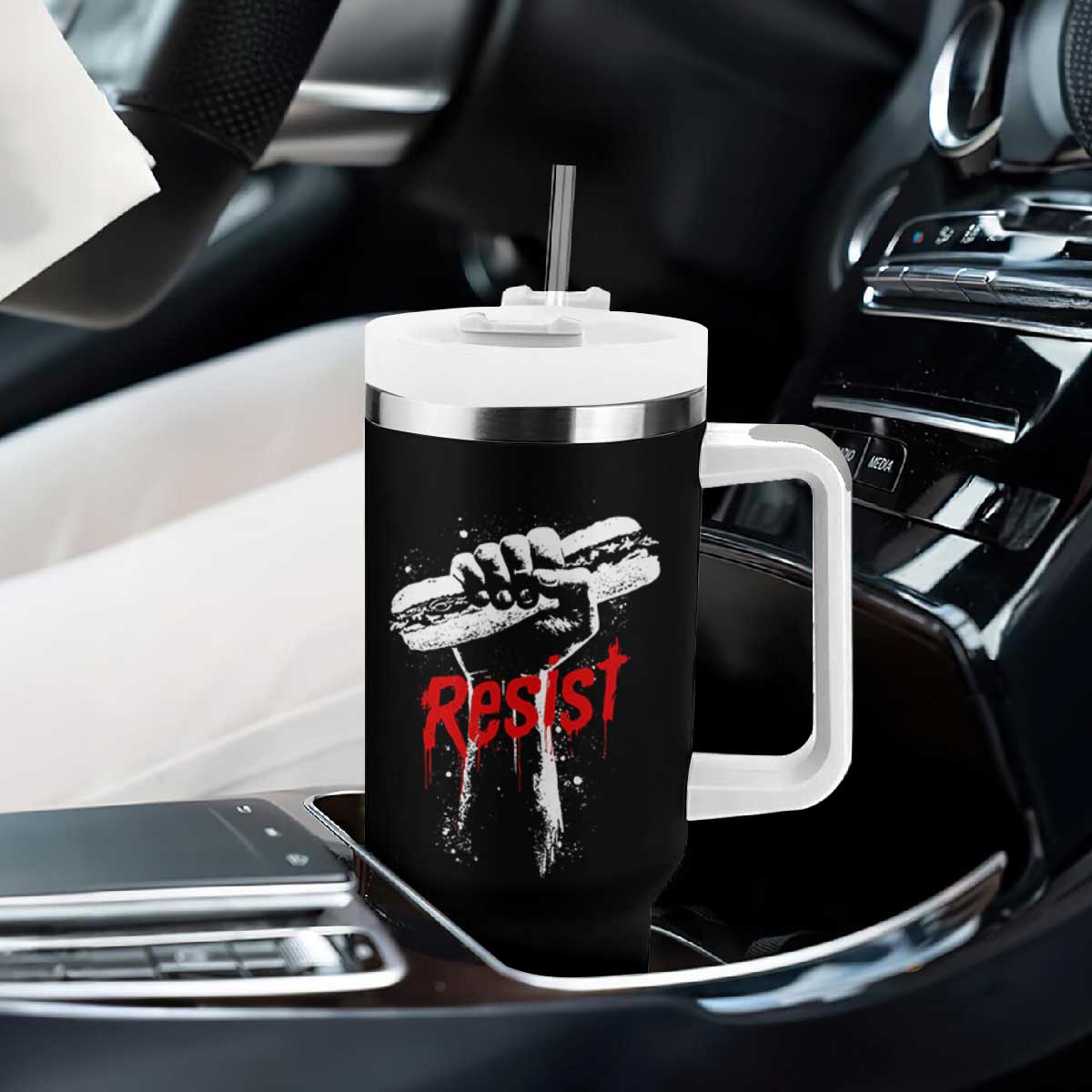 Resist with Sandwich Power Tumbler With Handle Funny Food Rebellion Political Satire TS02 Print Your Wear