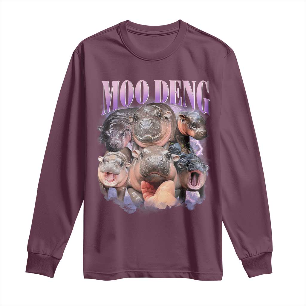 Baby Hippo Moo Deng Long Sleeve Shirt Funny Moo-deng Baby Pygmy Hippopotamus TS02 Maroon Print Your Wear