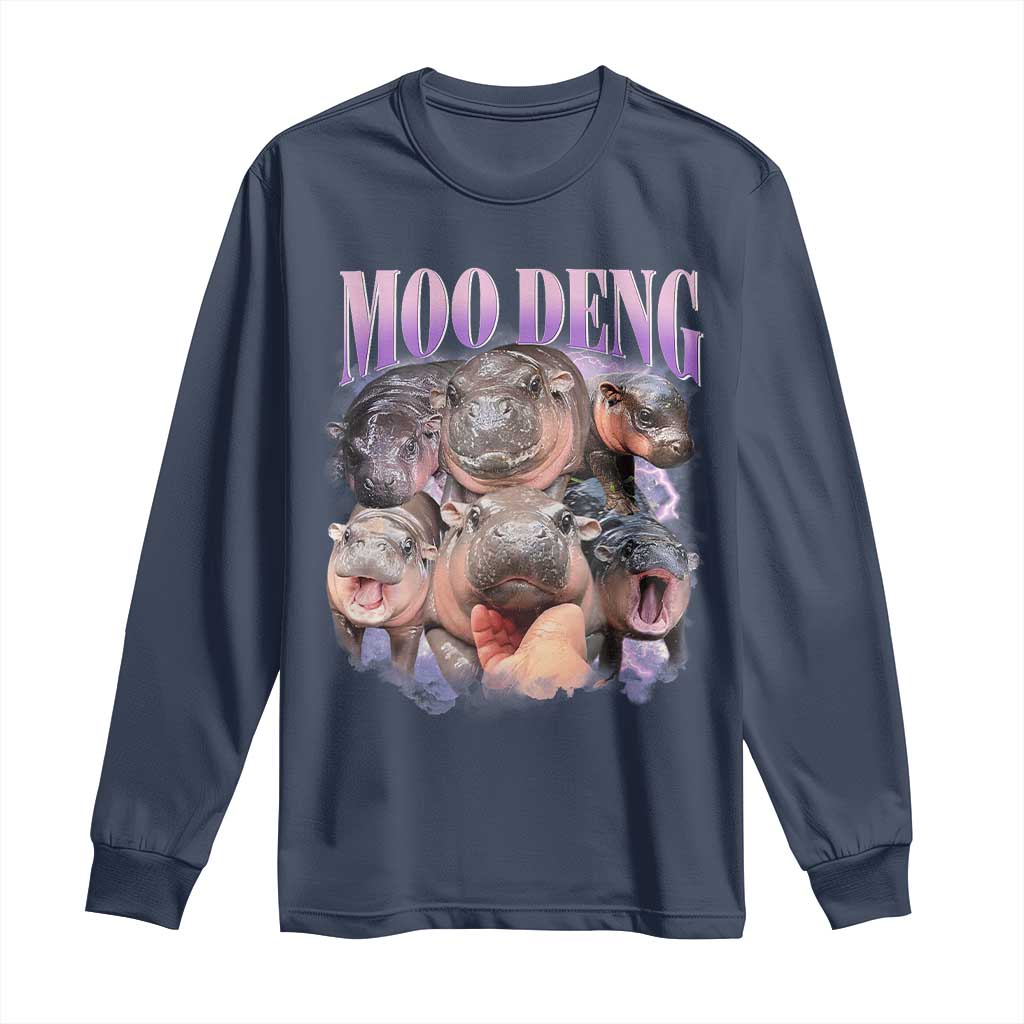 Baby Hippo Moo Deng Long Sleeve Shirt Funny Moo-deng Baby Pygmy Hippopotamus TS02 Navy Print Your Wear