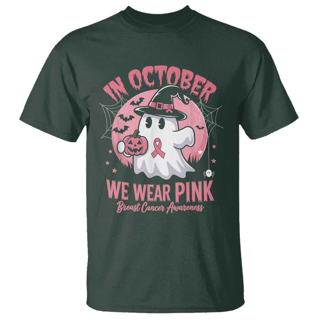 Halloween Breast Cancer Awareness T Shirt In October We Wear Pink Cute Boo Sheet TS02 Dark Forest Green Print Your Wear