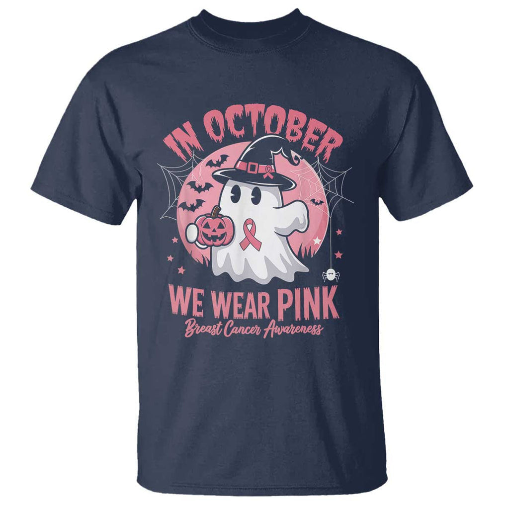 Halloween Breast Cancer Awareness T Shirt In October We Wear Pink Cute Boo Sheet TS02 Navy Print Your Wear