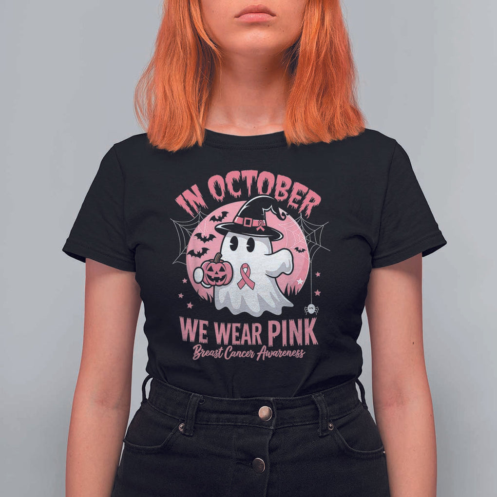 Halloween Breast Cancer Awareness T Shirt For Women In October We Wear Pink Cute Boo Sheet TS02 Black Print Your Wear