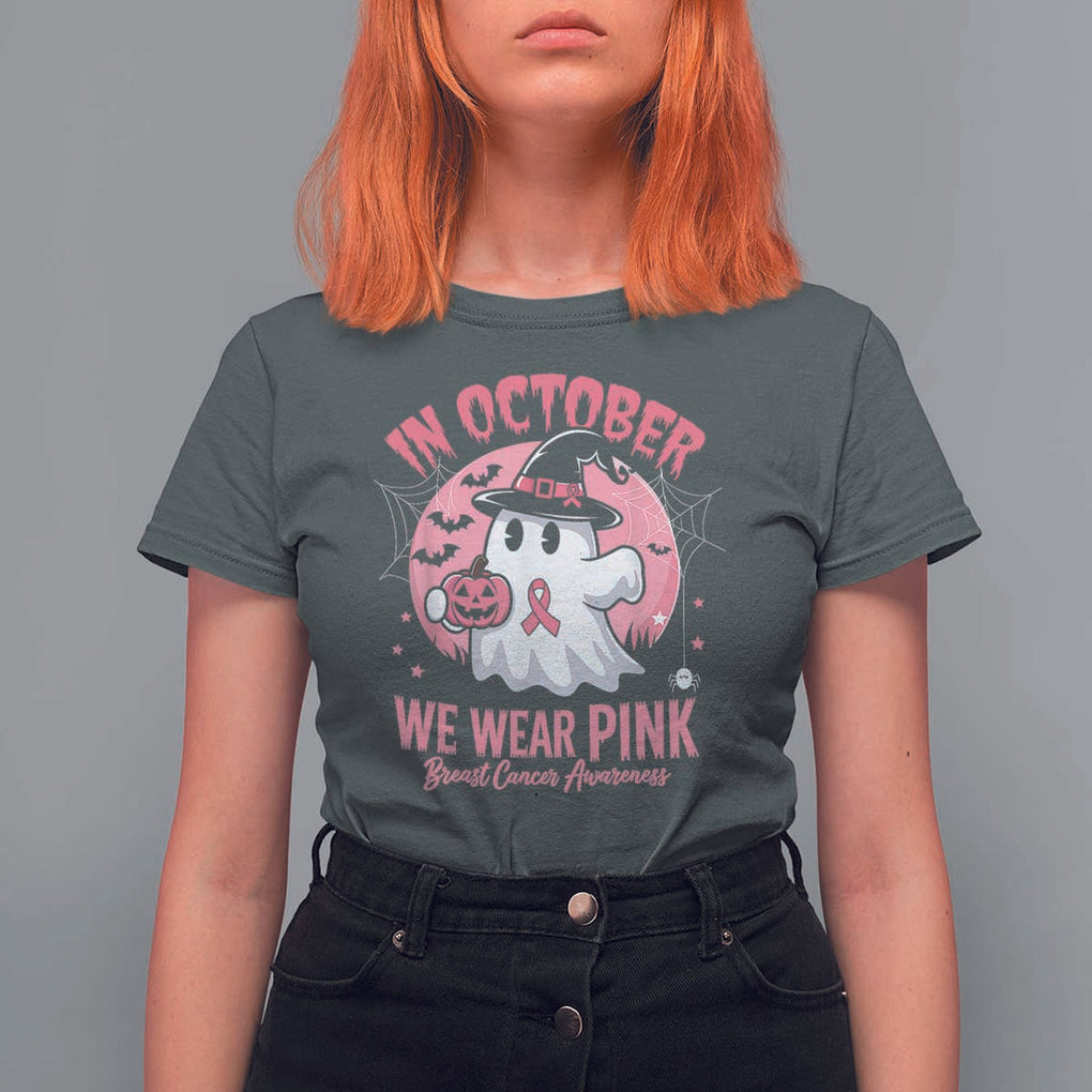 Halloween Breast Cancer Awareness T Shirt For Women In October We Wear Pink Cute Boo Sheet TS02 Dark Heather Print Your Wear