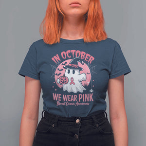 Halloween Breast Cancer Awareness T Shirt For Women In October We Wear Pink Cute Boo Sheet TS02 Navy Print Your Wear