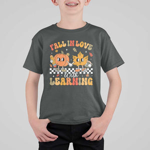 Fall In Love With Learning T Shirt For Kid Retro Autumn Pumpkin For Teacher Student TS02 Dark Heather Print Your Wear