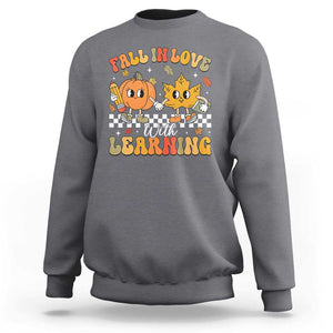 Fall In Love With Learning Sweatshirt Retro Autumn Pumpkin For Teacher Student TS02 Charcoal Print Your Wear
