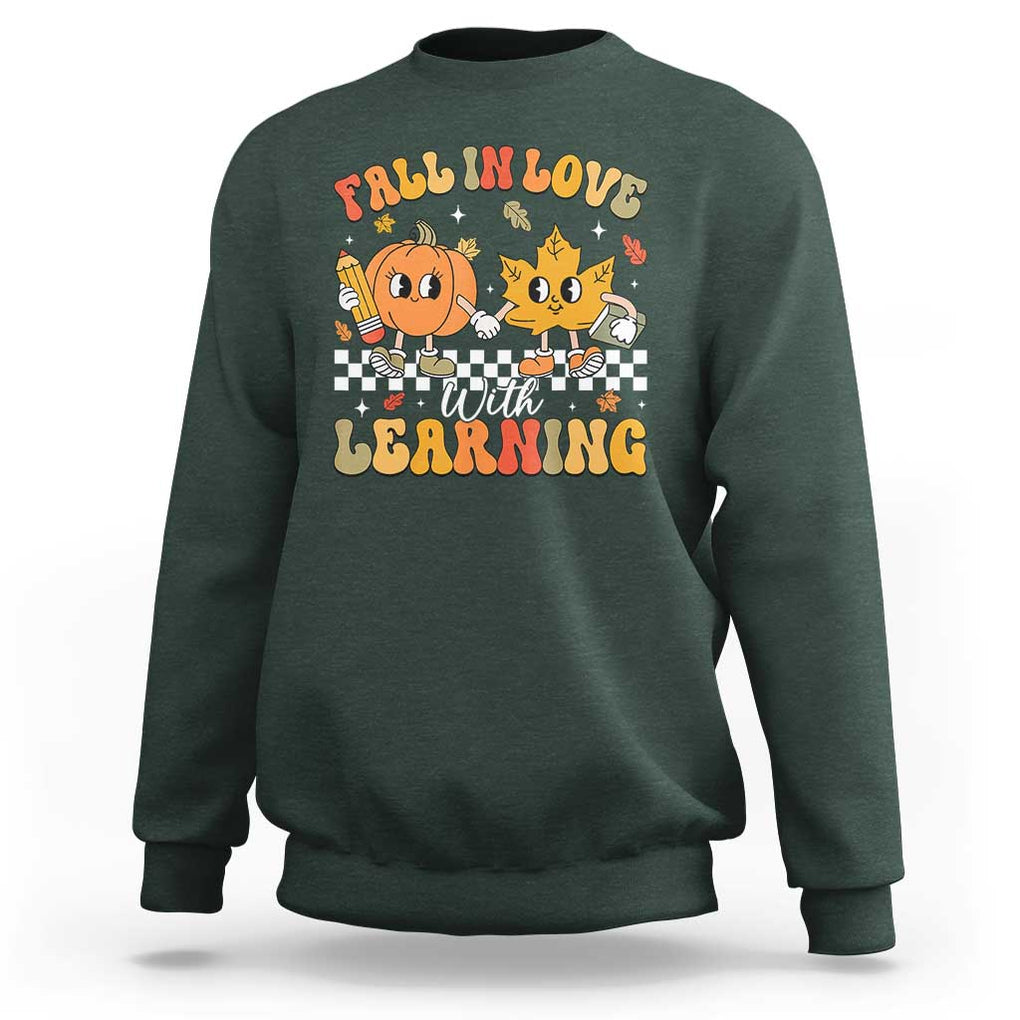 Fall In Love With Learning Sweatshirt Retro Autumn Pumpkin For Teacher Student TS02 Dark Forest Green Print Your Wear