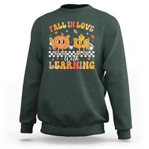 Fall In Love With Learning Sweatshirt Retro Autumn Pumpkin For Teacher Student TS02 Dark Forest Green Print Your Wear