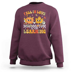 Fall In Love With Learning Sweatshirt Retro Autumn Pumpkin For Teacher Student TS02 Maroon Print Your Wear