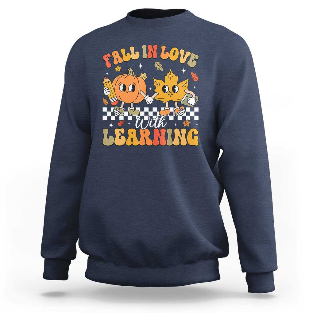 Fall In Love With Learning Sweatshirt Retro Autumn Pumpkin For Teacher Student TS02 Navy Print Your Wear