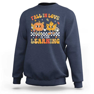 Fall In Love With Learning Sweatshirt Retro Autumn Pumpkin For Teacher Student TS02 Navy Print Your Wear