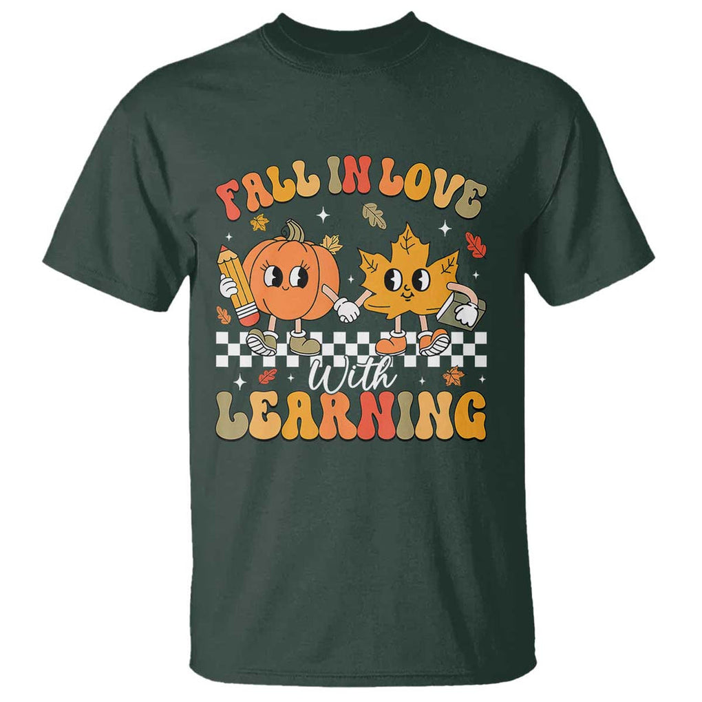Fall In Love With Learning T Shirt Retro Autumn Pumpkin For Teacher Student TS02 Dark Forest Green Print Your Wear