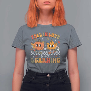 Fall In Love With Learning T Shirt For Women Retro Autumn Pumpkin For Teacher Student TS02 Charcoal Print Your Wear