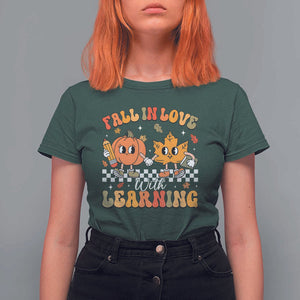Fall In Love With Learning T Shirt For Women Retro Autumn Pumpkin For Teacher Student TS02 Dark Forest Green Print Your Wear