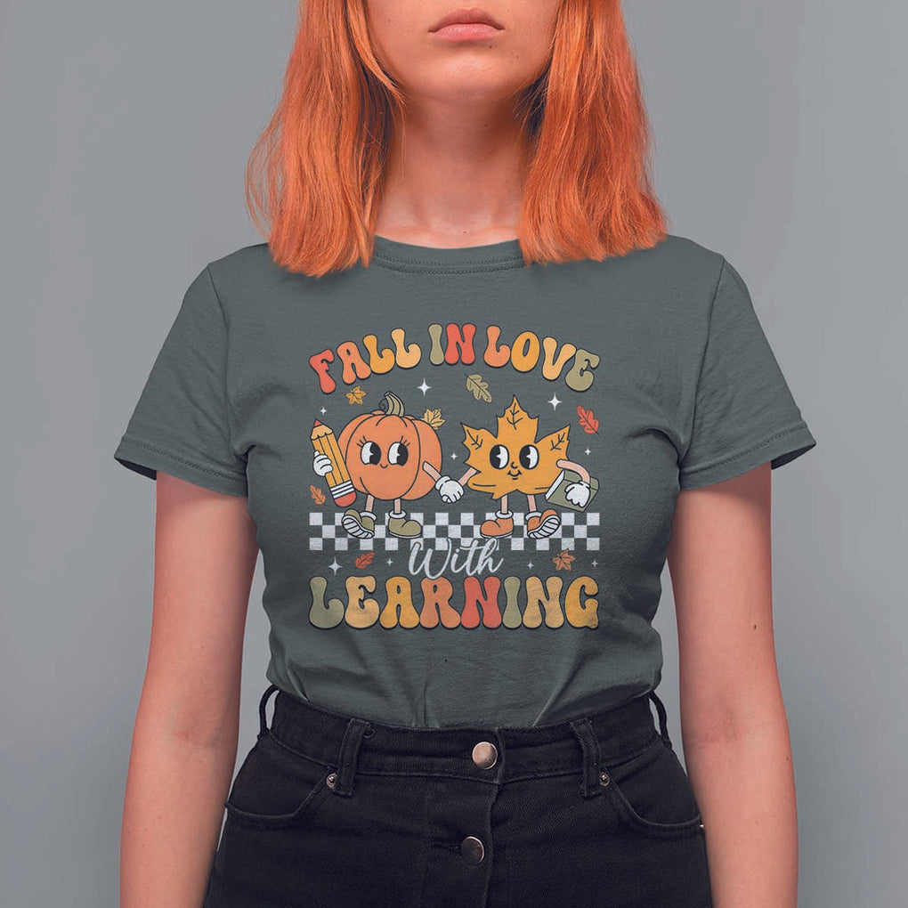 Fall In Love With Learning T Shirt For Women Retro Autumn Pumpkin For Teacher Student TS02 Dark Heather Print Your Wear