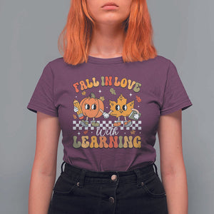 Fall In Love With Learning T Shirt For Women Retro Autumn Pumpkin For Teacher Student TS02 Maroon Print Your Wear