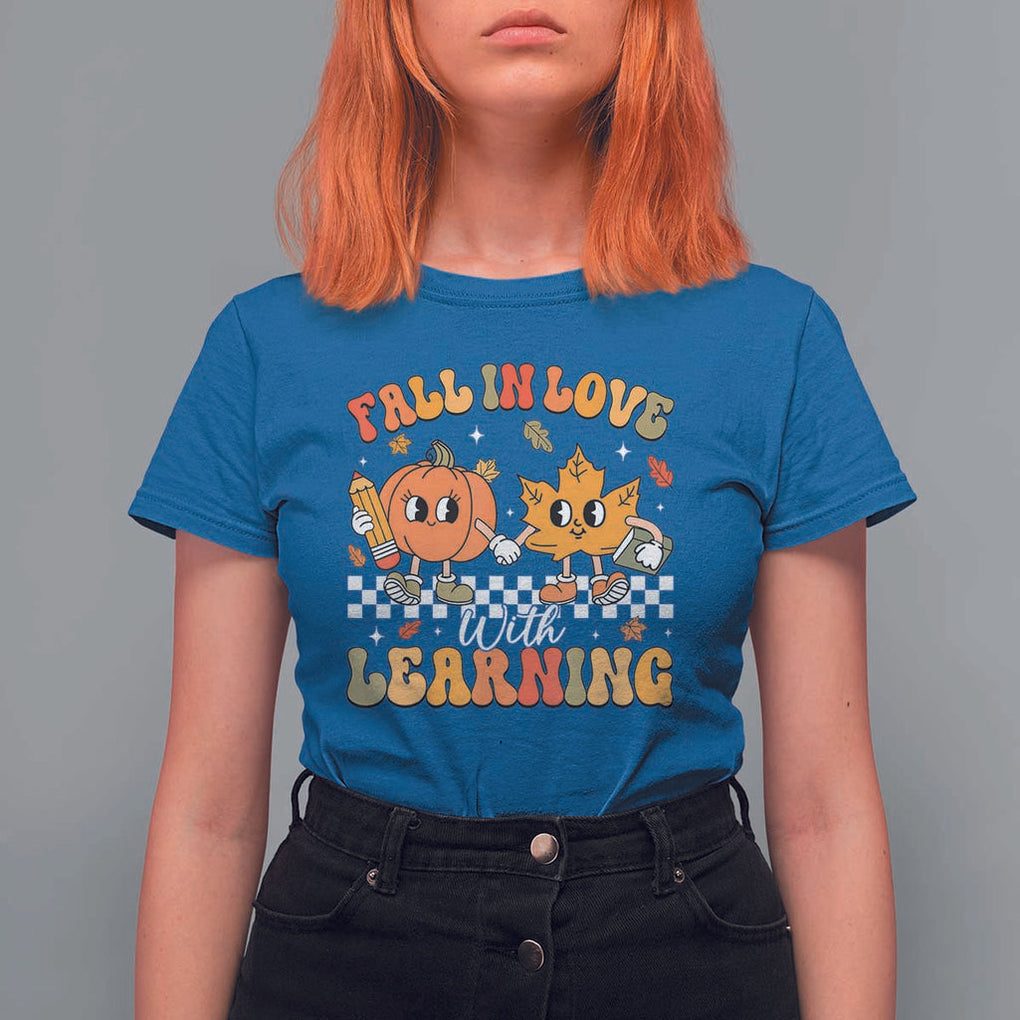 Fall In Love With Learning T Shirt For Women Retro Autumn Pumpkin For Teacher Student TS02 Royal Blue Print Your Wear