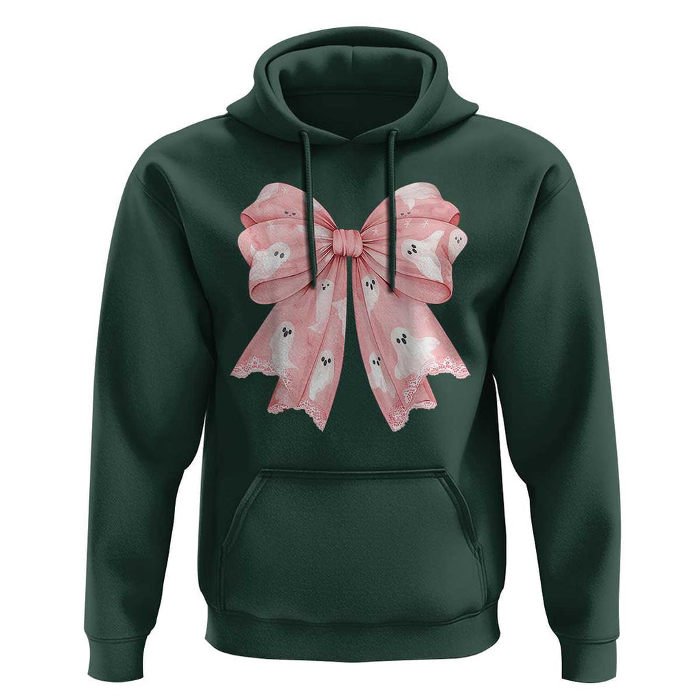 Pink Ghost Bow Coquette Hoodie Cute Girlly Boo Sheet Halloween Spooky Season TS02 Dark Forest Green Print Your Wear